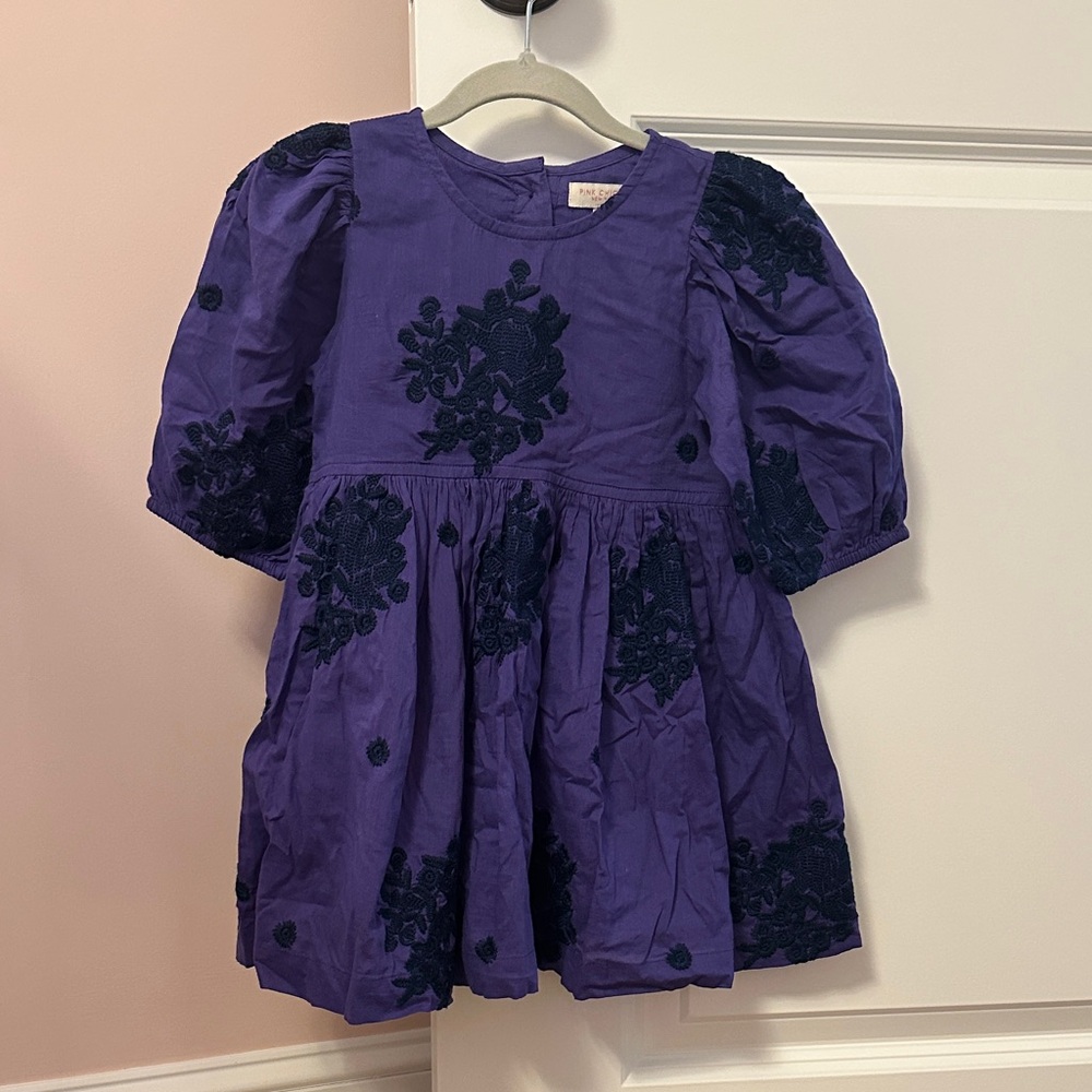 Like New Pink Chicken Dress with Navy Embroidery